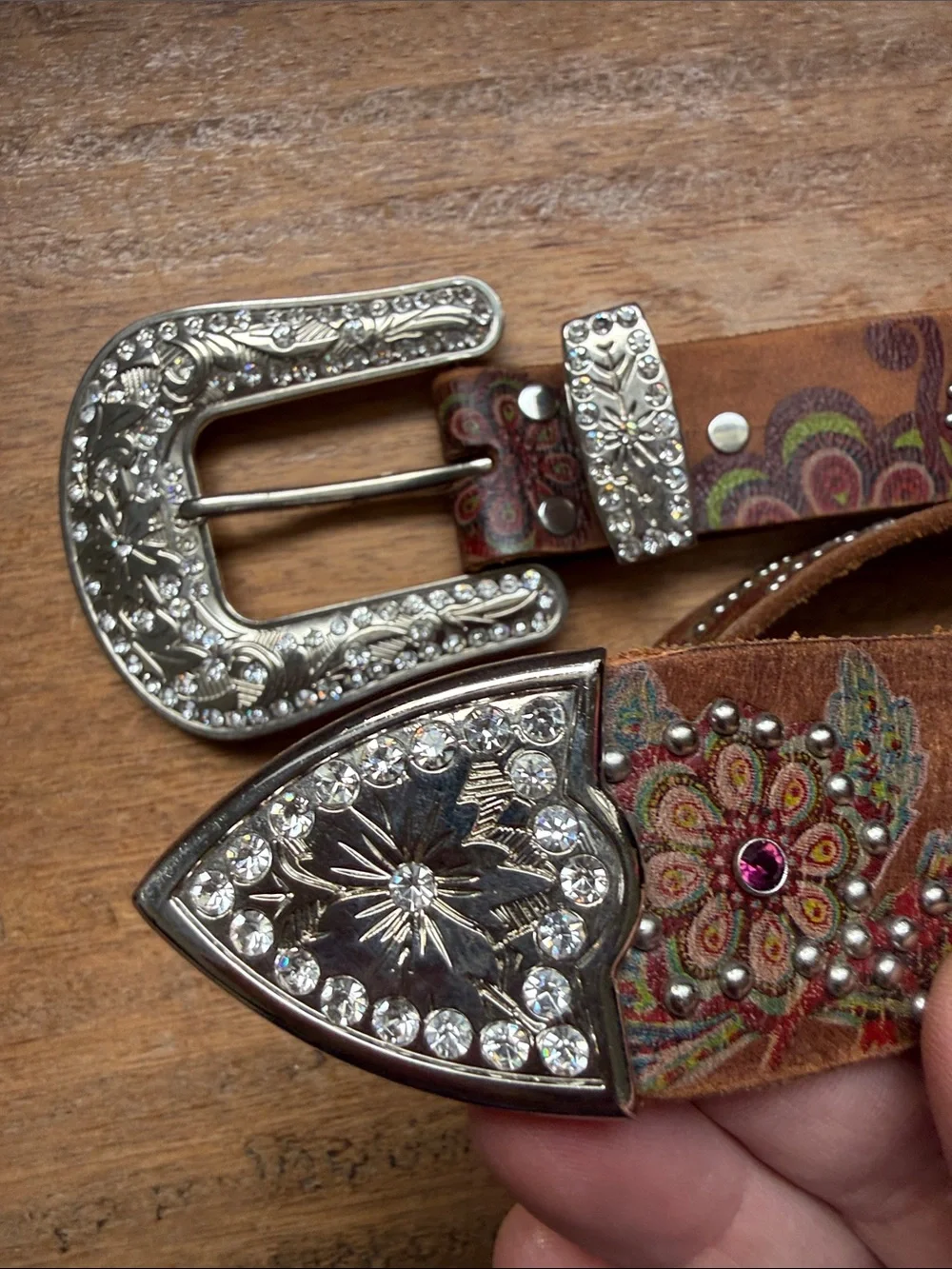Embellished Brown Leather Western-Style Belt with Silver Buckle